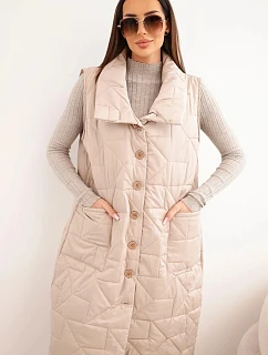 Dámská dlouhá prošívaná vesta s kapsami a stojáčkem tmavě béžová