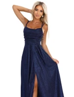 589-2 Dlhé šaty s jemnými trblietkami a korzetovým viazaním vzadu - tmavomodré s trblietkami