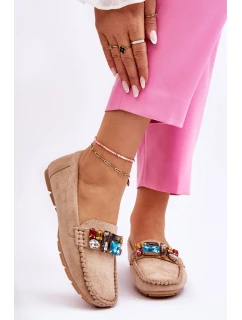 Damskie Zamszowe Mokasyny Z Kryształkami Beżowe Lucille