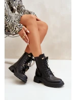 Eko Skórzane Botki Workery Damskie Z Przypinkami Czarne Rianael Eko Skórzane Botki Workery Damskie Z Przypinkami Czarne Rianael