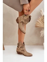 Zamszowe Botki Kowbojki Ażurowe Na Obcasie Zazoo 2994 Beżowe