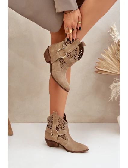 Zamszowe Botki Kowbojki Ażurowe Na Obcasie Zazoo 2994 Beżowe