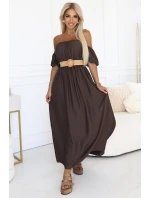 model 21229982 Maxi šaty v boho stylu s odhalenými rameny a páskem CHOCOLATE - numoco basic