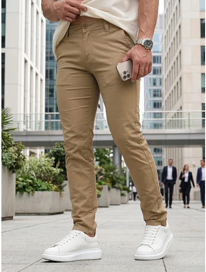 Pánske chinos nohavice s opaskom béžová FashionStreet UX4499 Pánske chinos nohavice s opaskom béžová FashionStreet UX4499