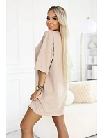 model 22155670 Bavlněné volné oversize šaty s krátkými rukávy béžové - numoco basic