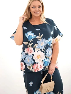 Dámsky set s blúzkou a nohavicami s kvetinovým vzorom a širokými nohavicami v granátovej farbe