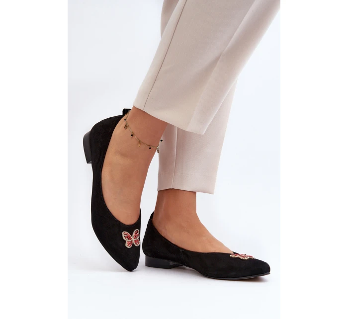 Zazoo 2887 Zamszowe Baleriny Z Ozdobnym Motylem Czarne