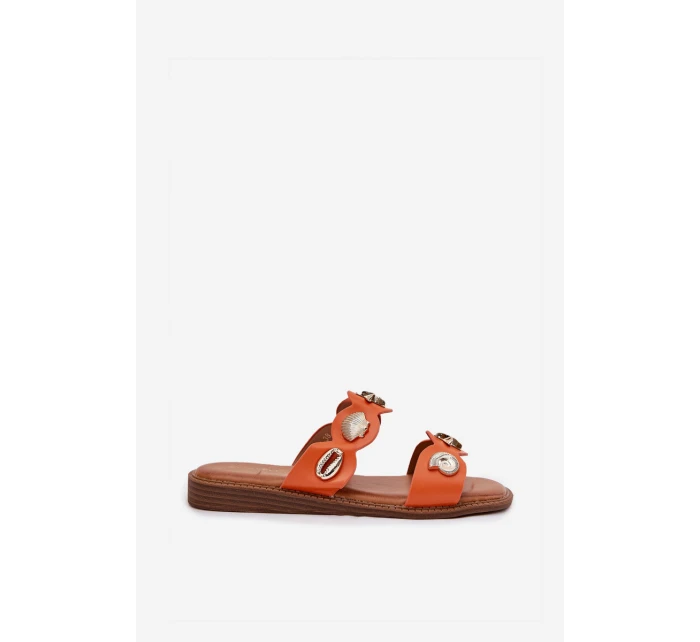 Klapki Damskie Ze Złotymi Przypinkami Pomarańczowe Jenoriela Klapki Damskie Ze Złotymi Przypinkami Pomarańczowe Jenoriela