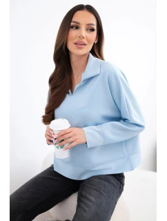 Dámská máslová mikina z viskózy s límečkem a výstřihem do V modrá