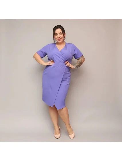 Fialové dámske skladané obálkové šaty po kolená (743)