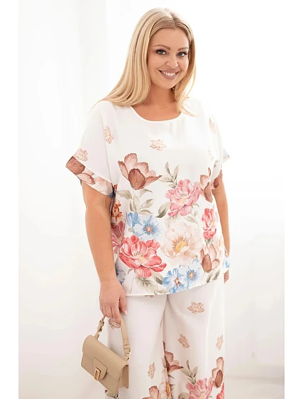 Dámsky plus size set z viskózy s geometrickou potlačou fuchsiovej farby