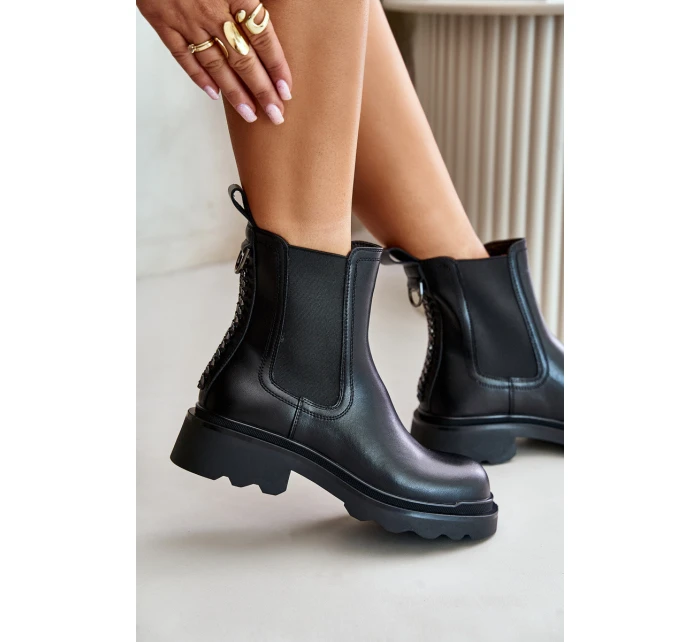 Skórzane Botki Sztyblety Z Ozdobnym Łańcuchem Ocieplane D&A JC42-86 Czarne