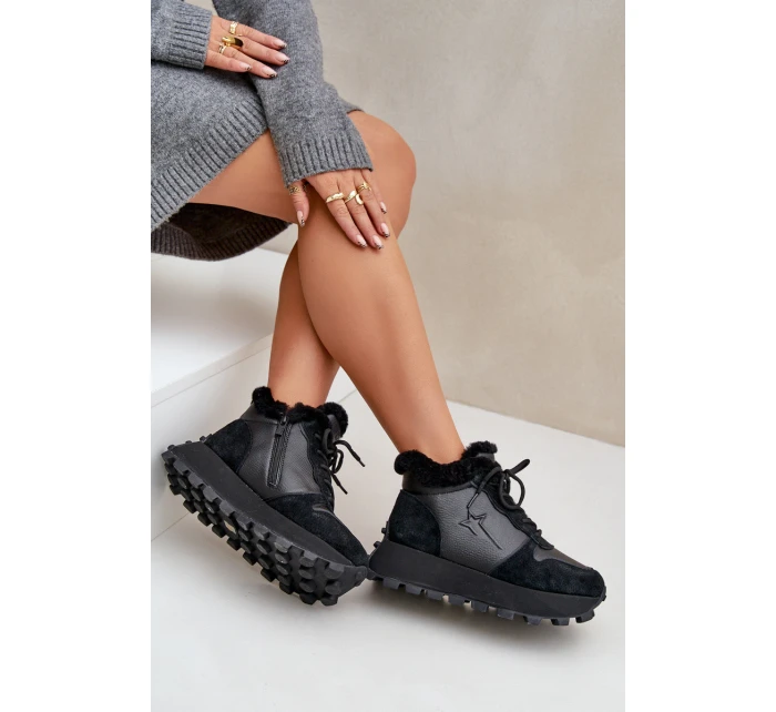Skórzane Sneakersy Trapery Damskie Z Futerkiem Na Platformie Big Star OO274A329 Czarne Skórzane Sneakersy Trapery Damskie Z Futerkiem Na Platformie Big Star OO274A329 Czarne