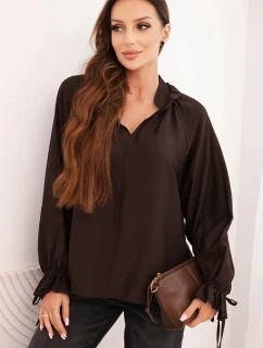 Dámska viskózna blúzka s véčkovým výstrihom a viazankami na rukávoch hnedá