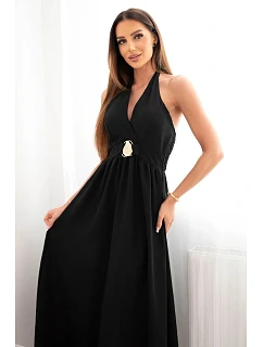 Dámske viskózové maxi šaty viazané za krkom s ozdobnou prackou čierne