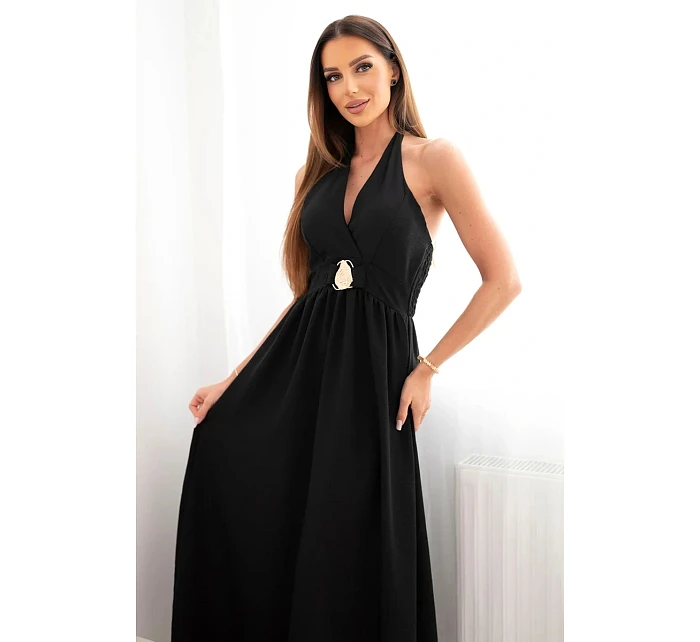 Dámske viskózové maxi šaty viazané za krkom s ozdobnou prackou čierne Dámske viskózové maxi šaty viazané za krkom s ozdobnou prackou čierne
