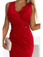 Červené dámske krajkové midi šaty s preloženým obálkovým výstrihom 383-5