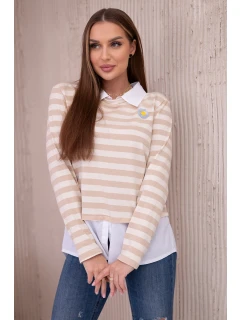 Pruhovaná bavlnená blúzka s golierom svetlo béžová+tmavo béžová