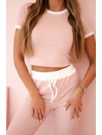 Žebrovaný komplet halenka + kalhoty se širokou nohavicí pudrově růžová