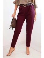 Dámské viskózové kalhoty s páskem a model 21407253 nohavicemi bordové - K-Fashion