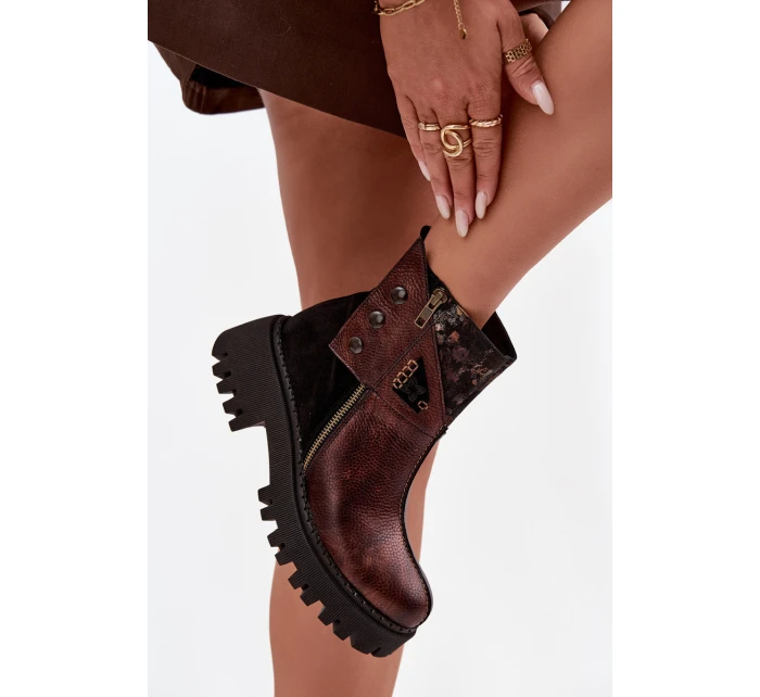 Kožené zateplené kotníkové boty na platformě a plochém podpatku model 21725100 hnědé - Maciejka