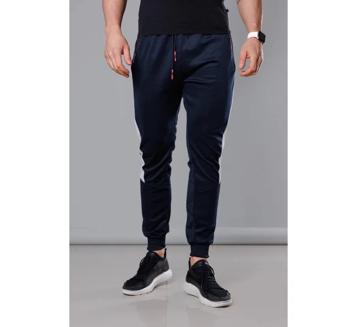 Tmavo modro-biele pánske teplákové nohavice so vsadkami (8K168)