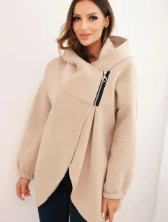 Dámská mikina s kapucí a asymetrickým zipem béžová