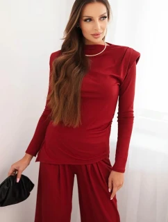 Dámská souprava z bavlny s model 21472127 a kalhotami s širokým nohavicí bordový - K-Fashion