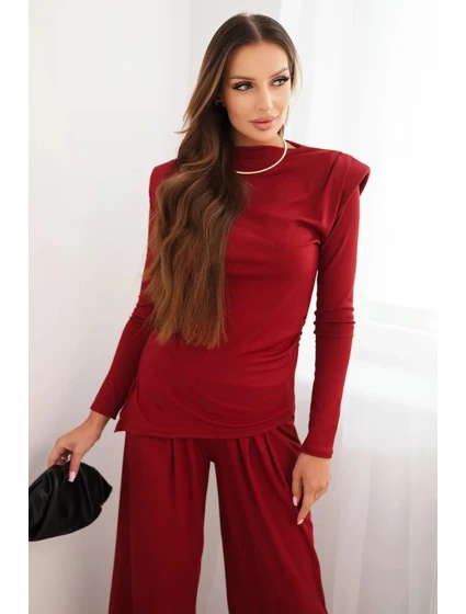 Dámská souprava z bavlny s model 21472127 a kalhotami s širokým nohavicí bordový - K-Fashion