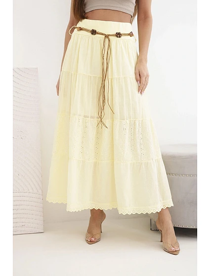 Dámská maxi bavlněná sukně s model 22048765 výšivkou a elastickým pásem žlutá - K-Fashion