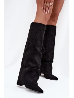 Ocieplane Kozaki Damskie Z Wywiniętą Cholewką Na Słupku Eko Zamszowe Czarne Elivira