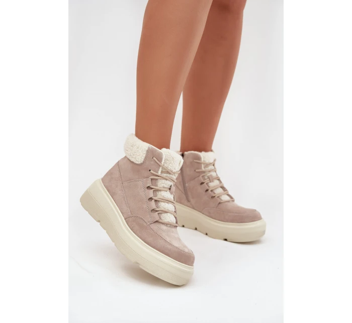 Zamszowe Śniegowce Damskie Z Kożuszkiem Na Platformie Vinceza 95354 Beżowe