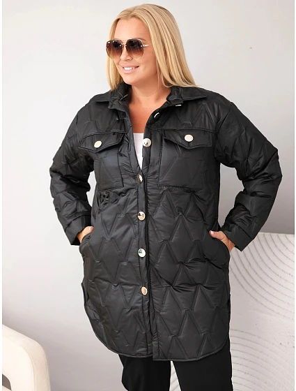Dámska prešívaná bunda Plus Size s golierom a vreckami, čierna