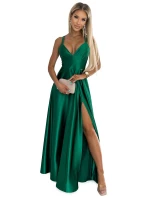 513-1 Elegantné dlhé saténové šaty LUNA s výstrihom a prekríženými ramienkami - BOTTLE GREEN 513-1 Elegantné dlhé saténové šaty LUNA s výstrihom a prekríženými ramienkami - BOTTLE GREEN