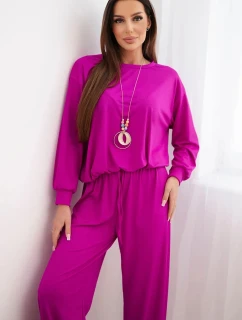 Dámska súprava viskózovej mikiny s príveskom a širokých nohavíc tmavo fialovej farby