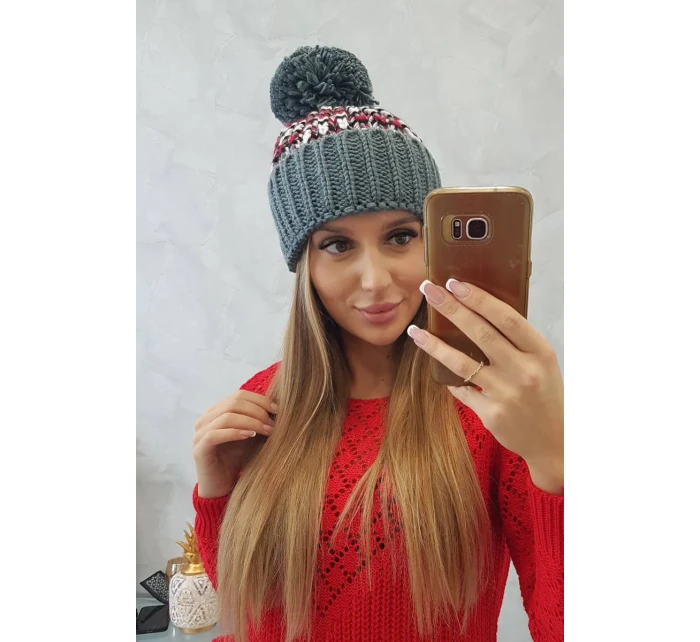 Dámska čiapka Ellen s brmbolcom K325 tmavo šedá + červená Dámska čiapka Ellen s brmbolcom K325 tmavo šedá + červená