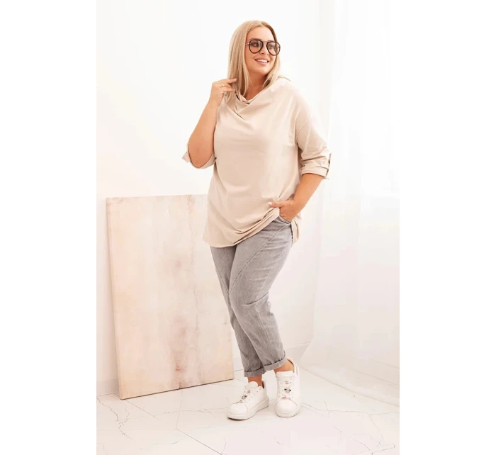 Dámske Plus veľkosť bavlnené voľné fit blúzka s vodou výstrih béžová