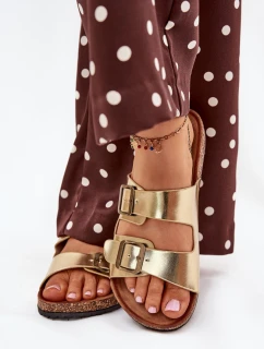 Damskie Klapki Na Korkowej Platformie Z Klamrami Złote Vesina