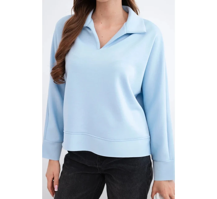 Dámska maslová viskózna mikina s golierom a výstrihom do V modrá