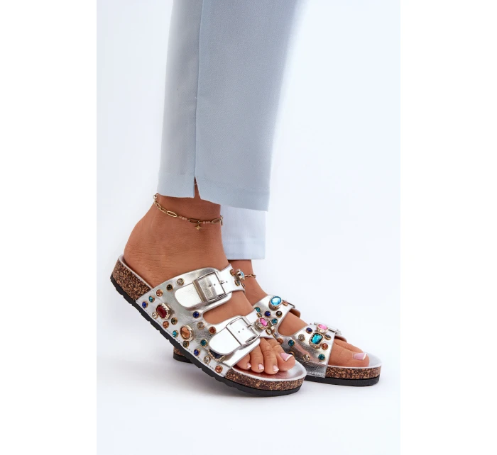 Zdobione Klapki Damskie Z Klamrami S.Barski MY121 Srebrne