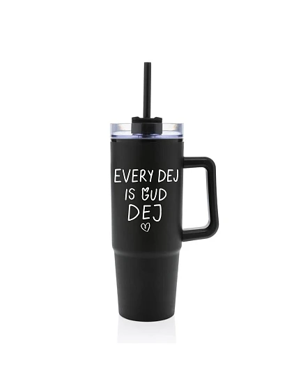 EVERY DEJ IS GUD DEJ - čierny cestovný hrnček s priehľadným viečkom 900 ml