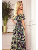 Dlouhé dámské šaty se výstřihem a vzorem zelených listů a model 8224464 - numoco