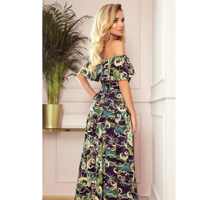 Dlouhé dámské šaty se výstřihem a vzorem zelených listů a model 8224464 - numoco