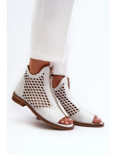 Zazoo 977/L Skórzane Ażurowe Sandały Na Zamek Białe