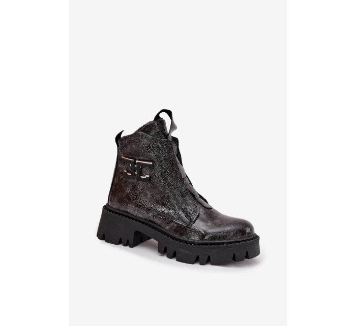 Skórzane Lakierowane Botki Damskie Z Ozdobą Ocieplane Artiker 57C2081 Grafitowe