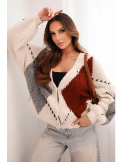 Dámsky sveter na gombíky s diamantovým vzorom z béžovej vlny