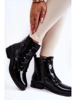 Lakierowane Ocieplane Botki Na Płaskim Obcasie Czarne Geira Lakierowane Ocieplane Botki Na Płaskim Obcasie Czarne Geira