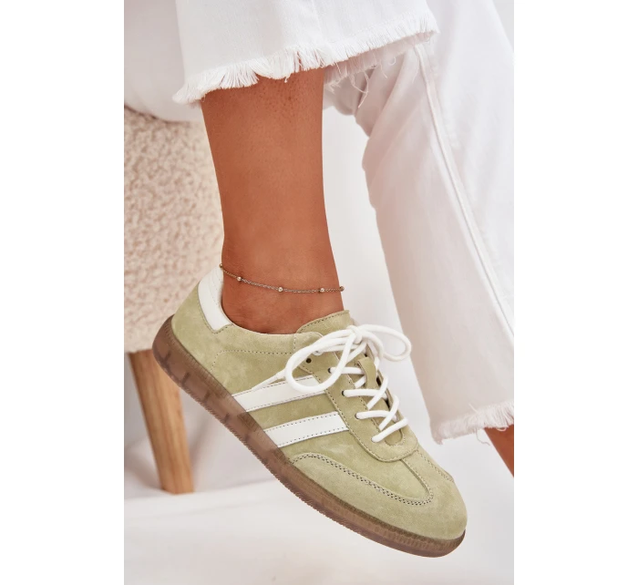 Niskie Skórzane Sneakersy Damskie Limonkowe Ismina