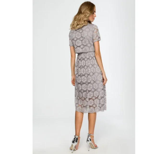 model 16165131 Krajkové midi šaty s výstřihem šedé - Moe model 16165131 Krajkové midi šaty s výstřihem šedé - Moe