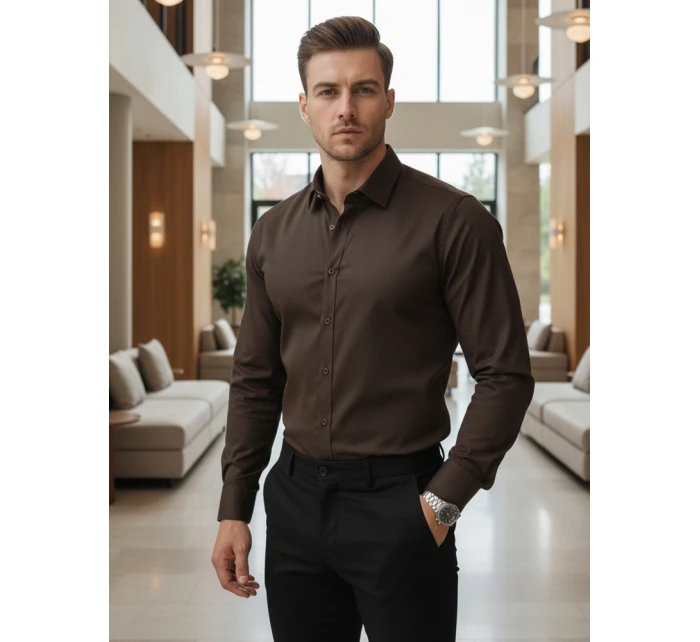 Pánská elegantní hladká tmavě hnědá košile SLIM FIT Dstreet model 21995754 - FashionStreet